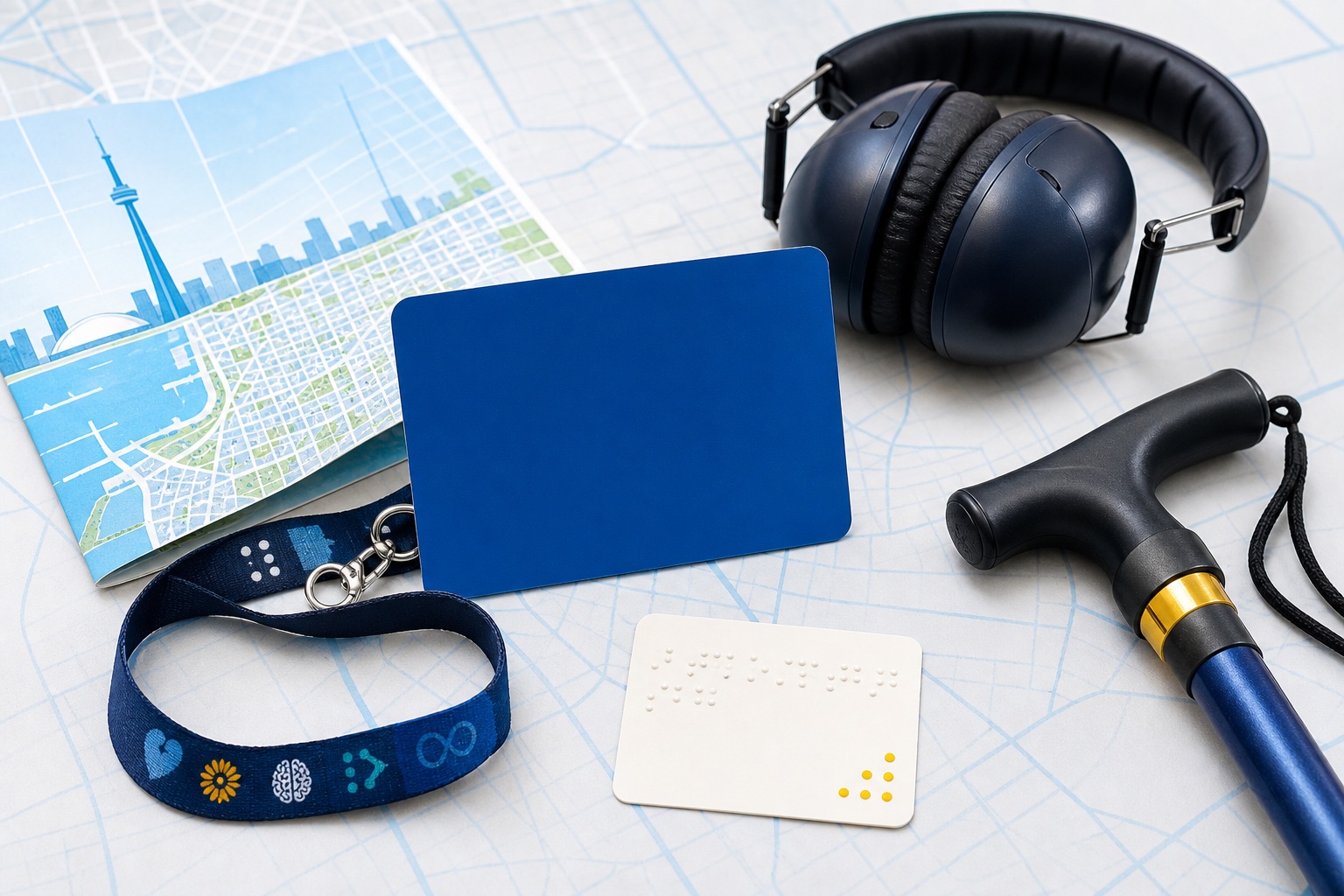 A blank companion-access card, city map, noise-reduction headphones, tactile card and mobility cane handle