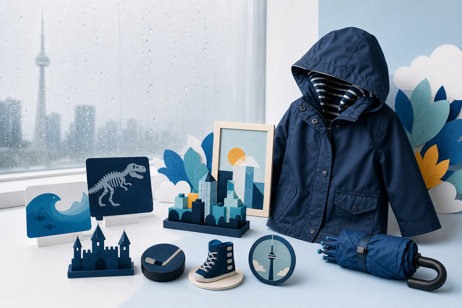 A child’s raincoat and umbrella beside miniature symbols of indoor Toronto attractions