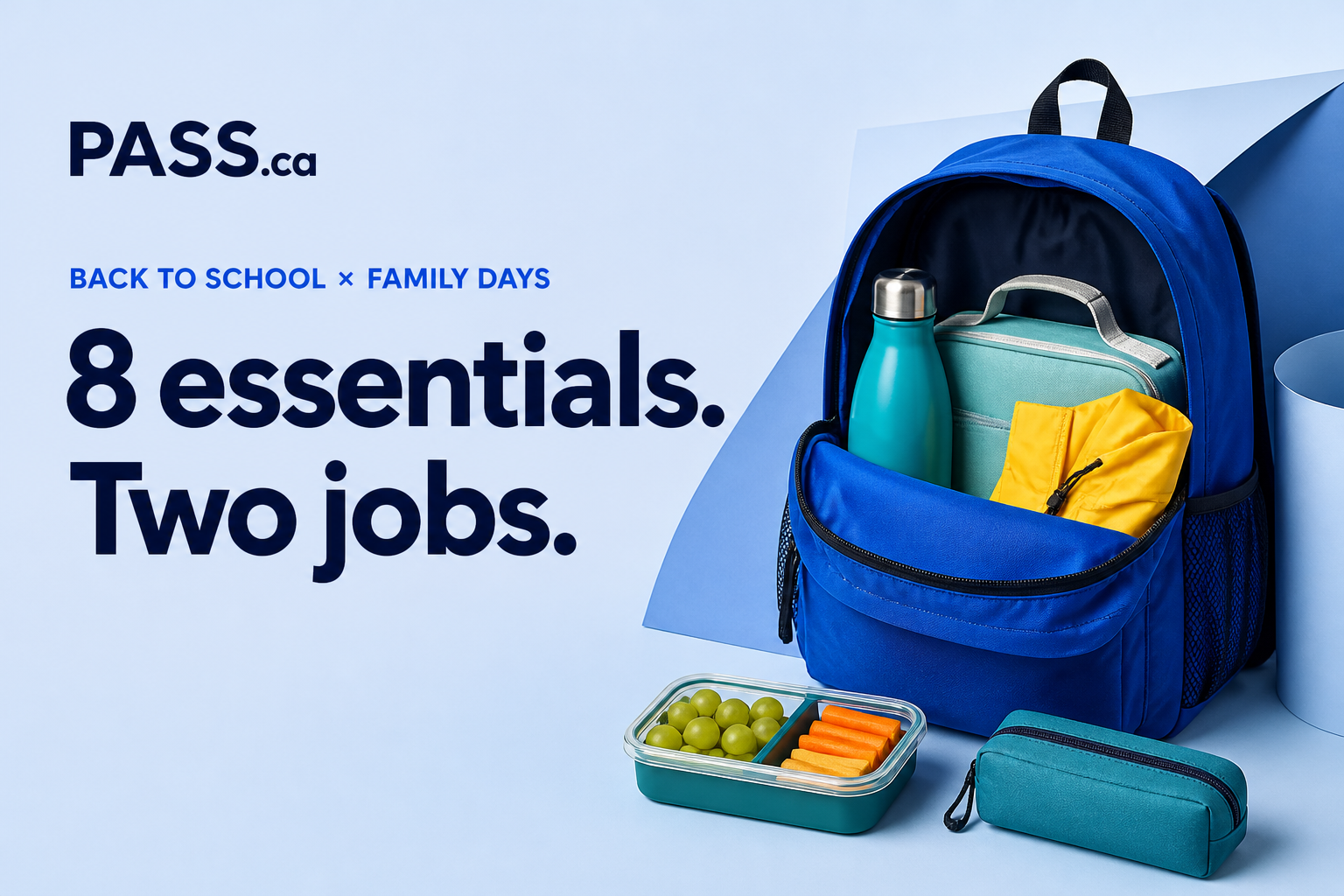 Blue backpack packed with practical school and family day-trip essentials